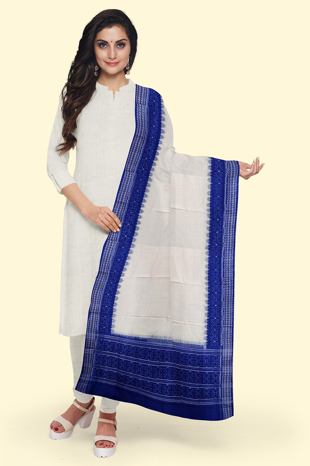 White Blue Handloom Cotton Sambalpuri Dupatta