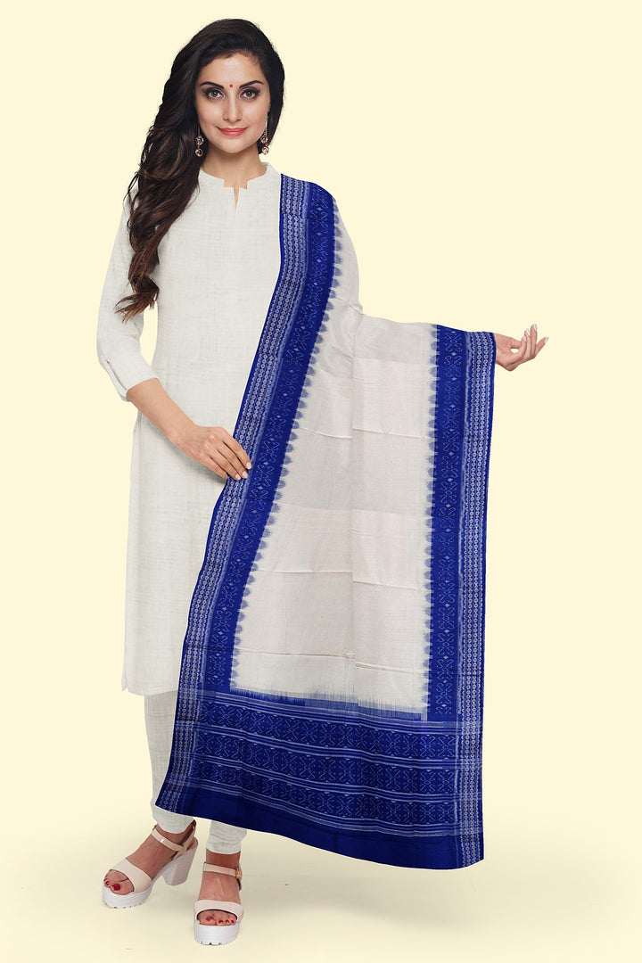 White Blue Handloom Cotton Sambalpuri Dupatta