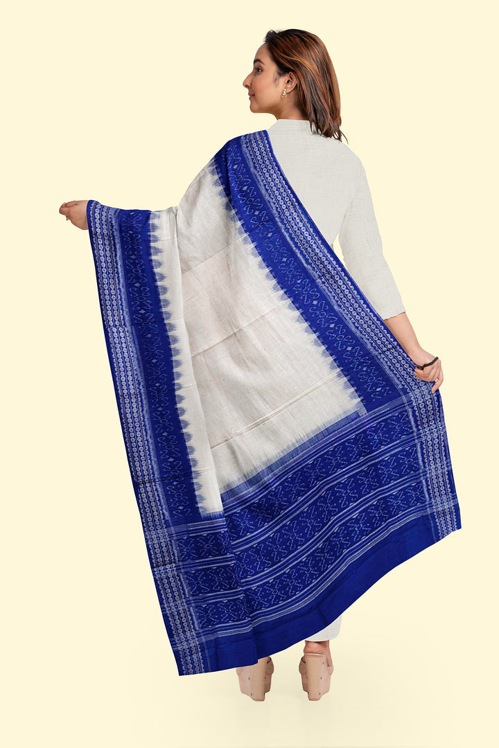 White Blue Handloom Cotton Sambalpuri Dupatta