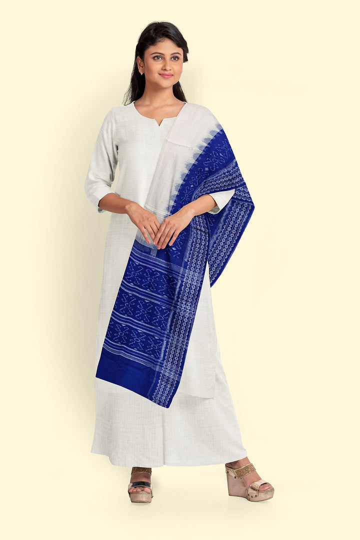 White Blue Handloom Cotton Sambalpuri Dupatta