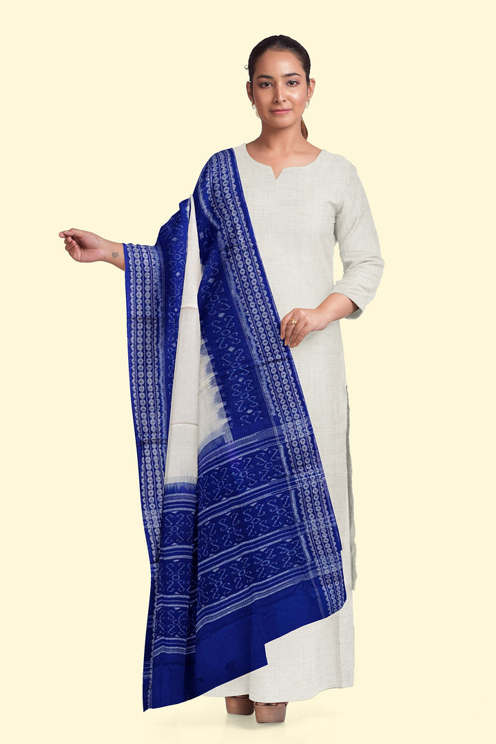 White Blue Handloom Cotton Sambalpuri Dupatta
