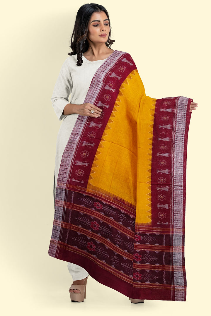 Yellow Maroon Handloom Cotton Sambalpuri Dupatta