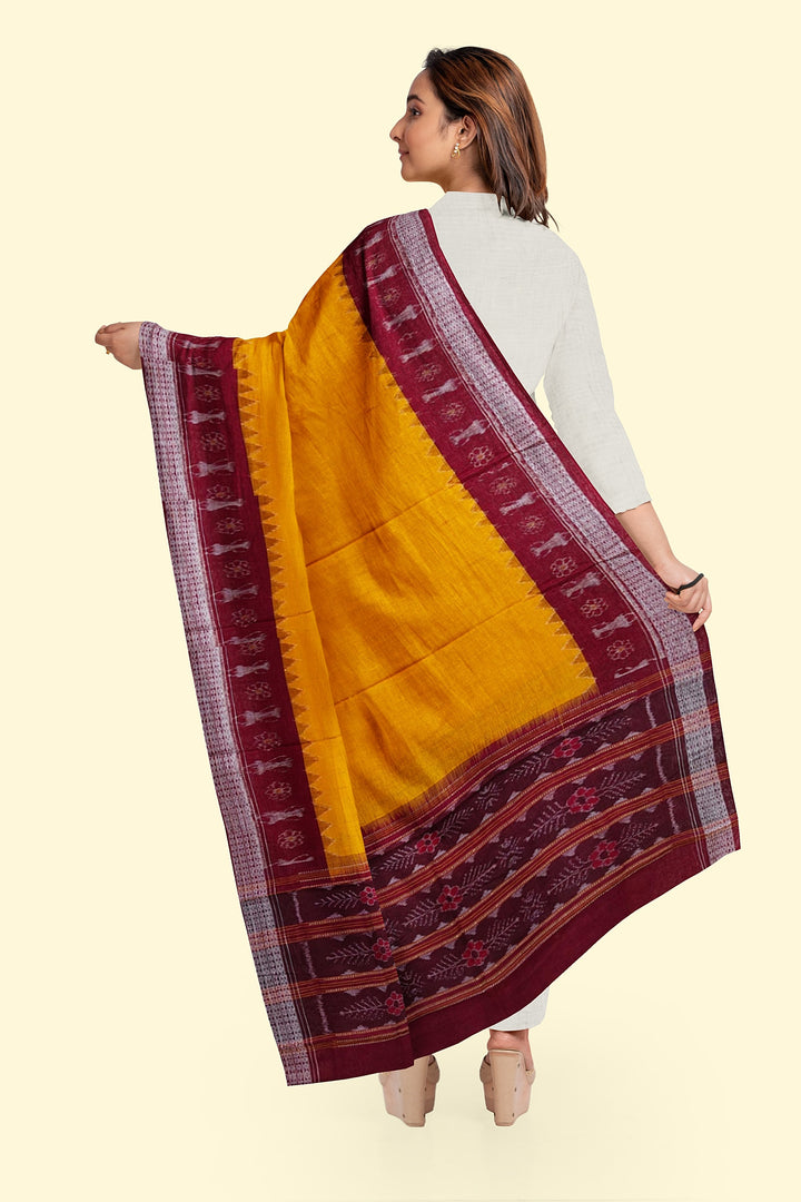 Yellow Maroon Handloom Cotton Sambalpuri Dupatta