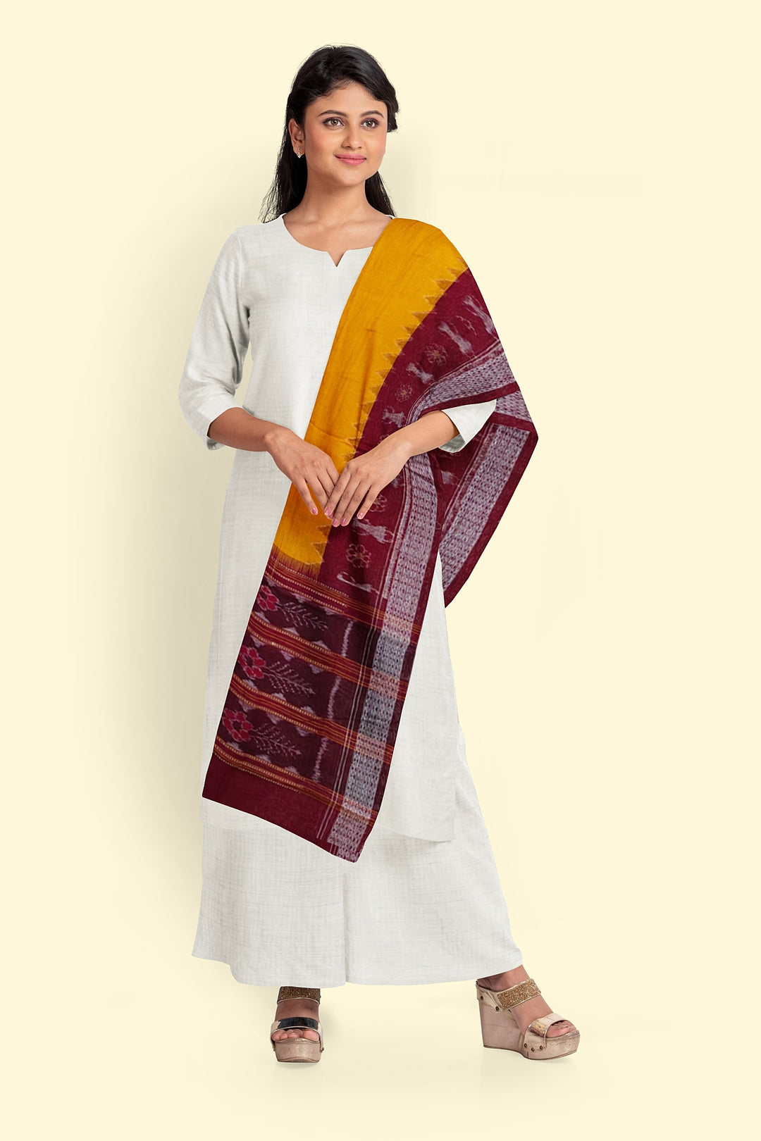 Yellow Maroon Handloom Cotton Sambalpuri Dupatta