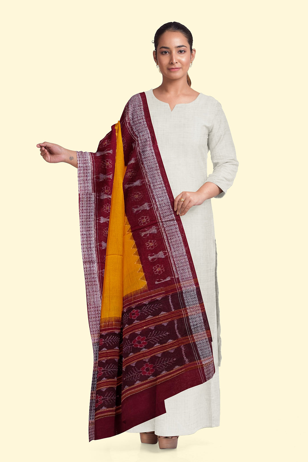 Yellow Maroon Handloom Cotton Sambalpuri Dupatta
