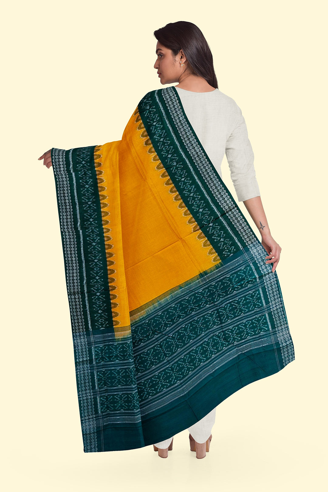 Yellow Green Handloom Cotton Sambalpuri Dupatta