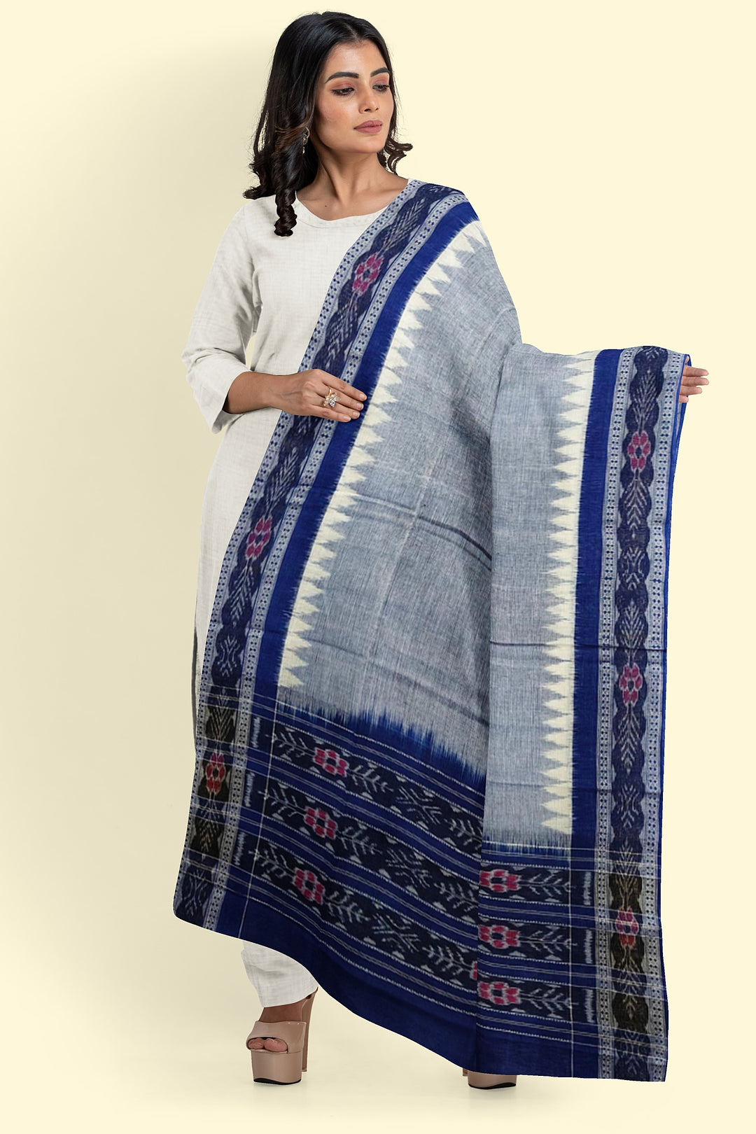 Grey Navy Blue Handloom Cotton Sambalpuri Dupatta