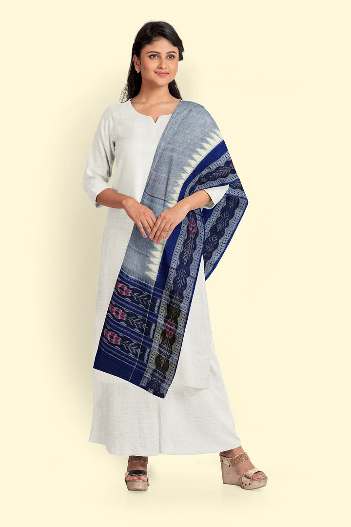 Grey Navy Blue Handloom Cotton Sambalpuri Dupatta