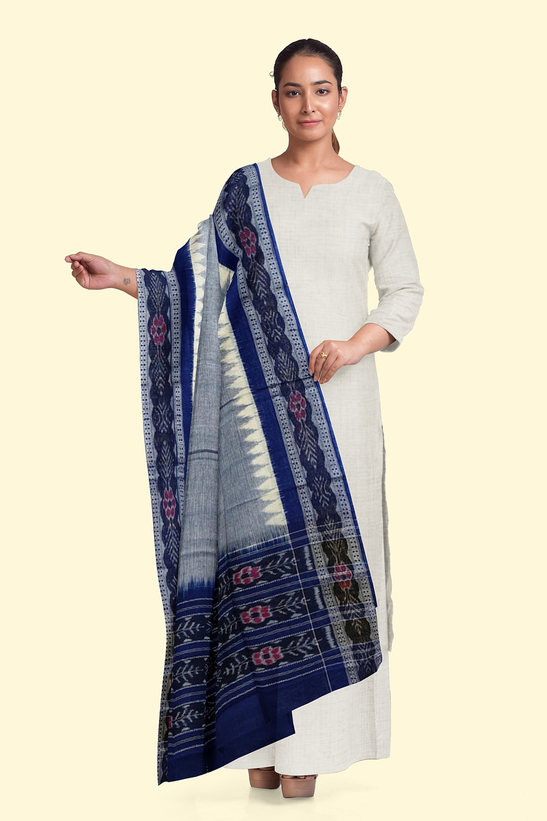 Grey Navy Blue Handloom Cotton Sambalpuri Dupatta