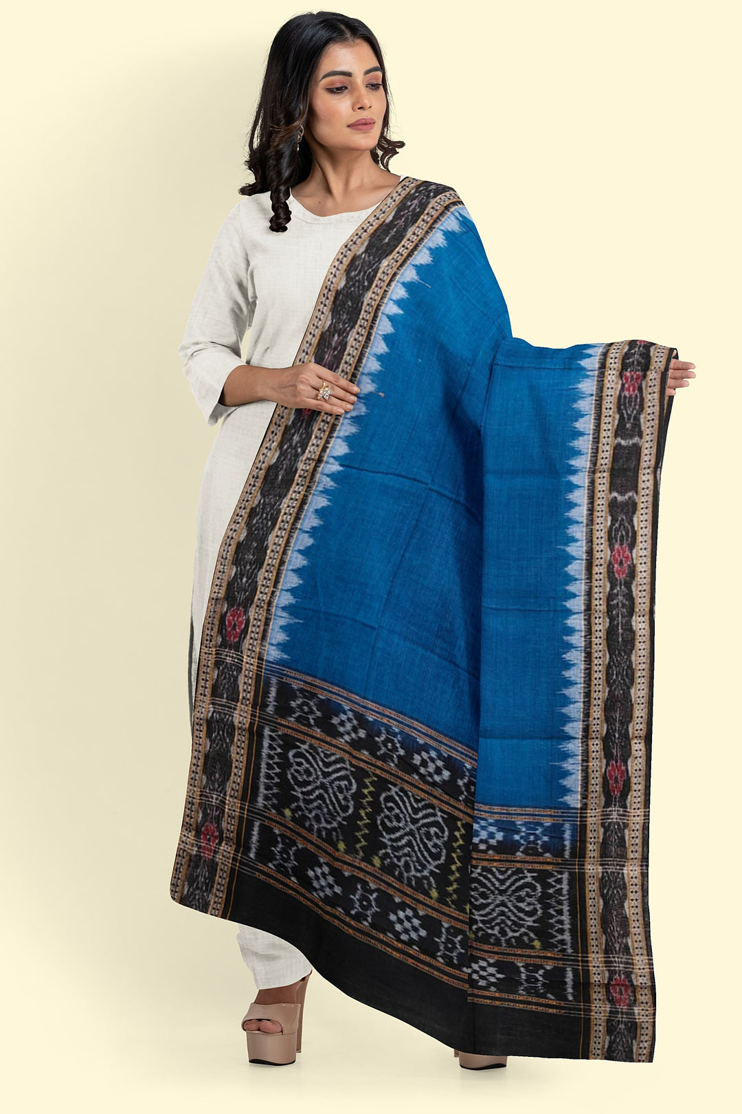 Sky Blue Black Handloom Cotton Sambalpuri Dupatta