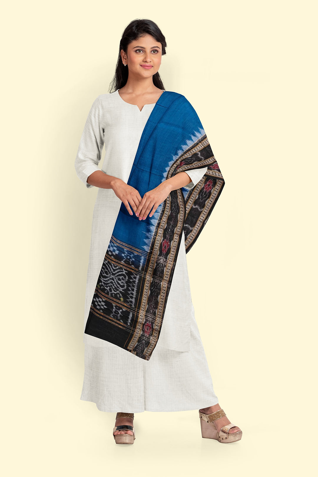 Sky Blue Black Handloom Cotton Sambalpuri Dupatta
