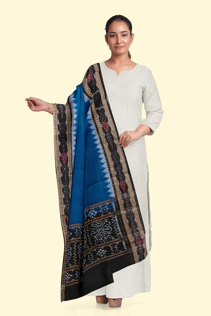 Sky Blue Black Handloom Cotton Sambalpuri Dupatta