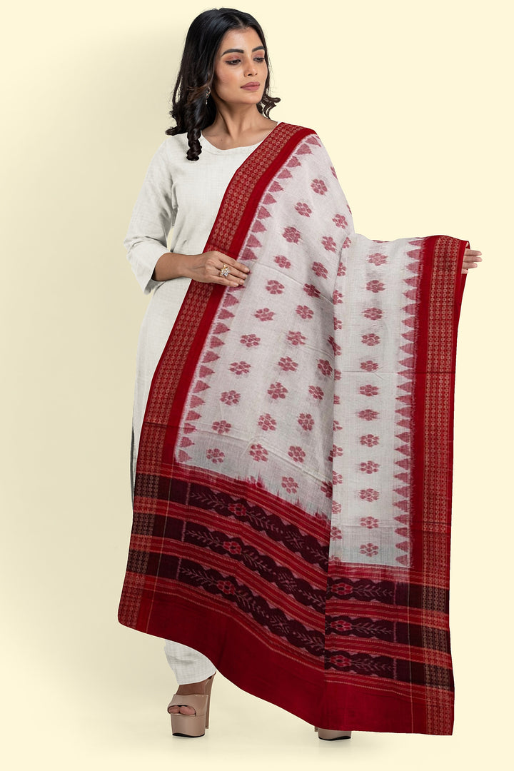 White Red Handloom Cotton Sambalpuri Dupatta