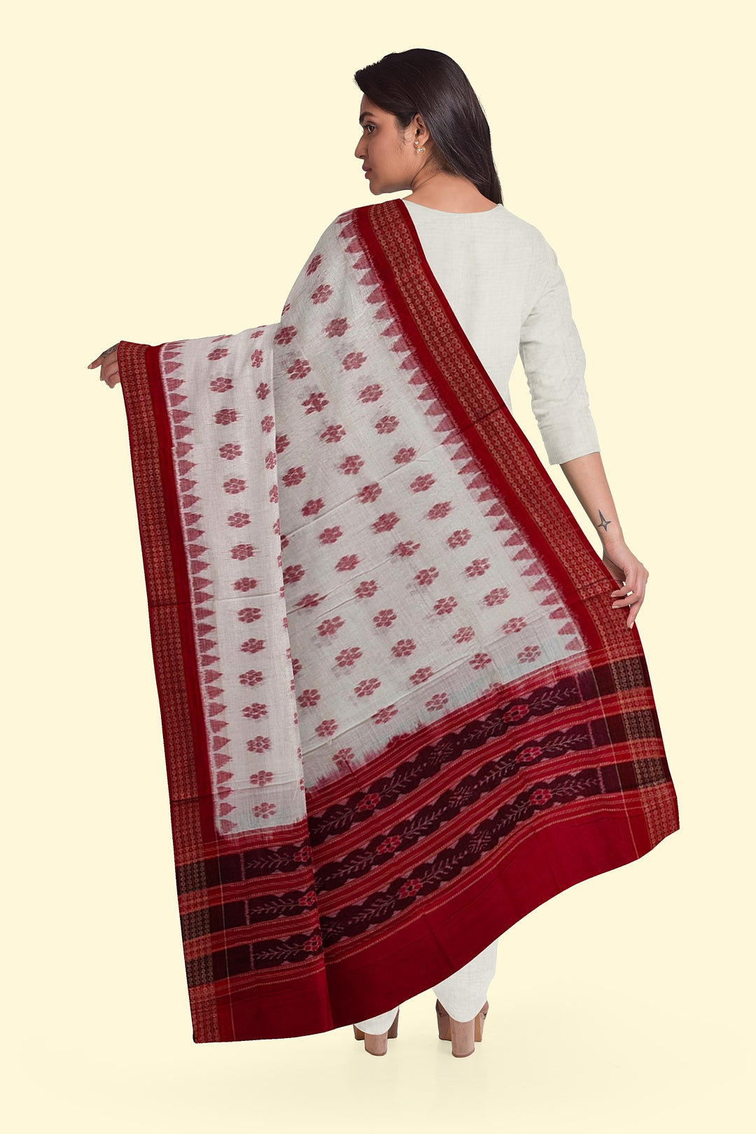 White Red Handloom Cotton Sambalpuri Dupatta