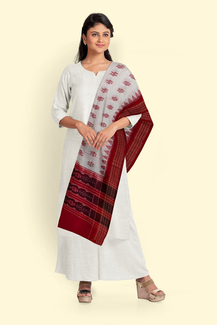 White Red Handloom Cotton Sambalpuri Dupatta