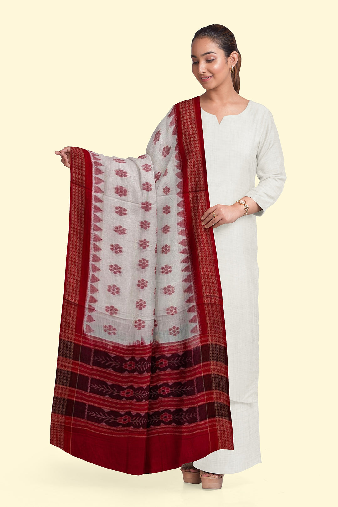 White Red Handloom Cotton Sambalpuri Dupatta