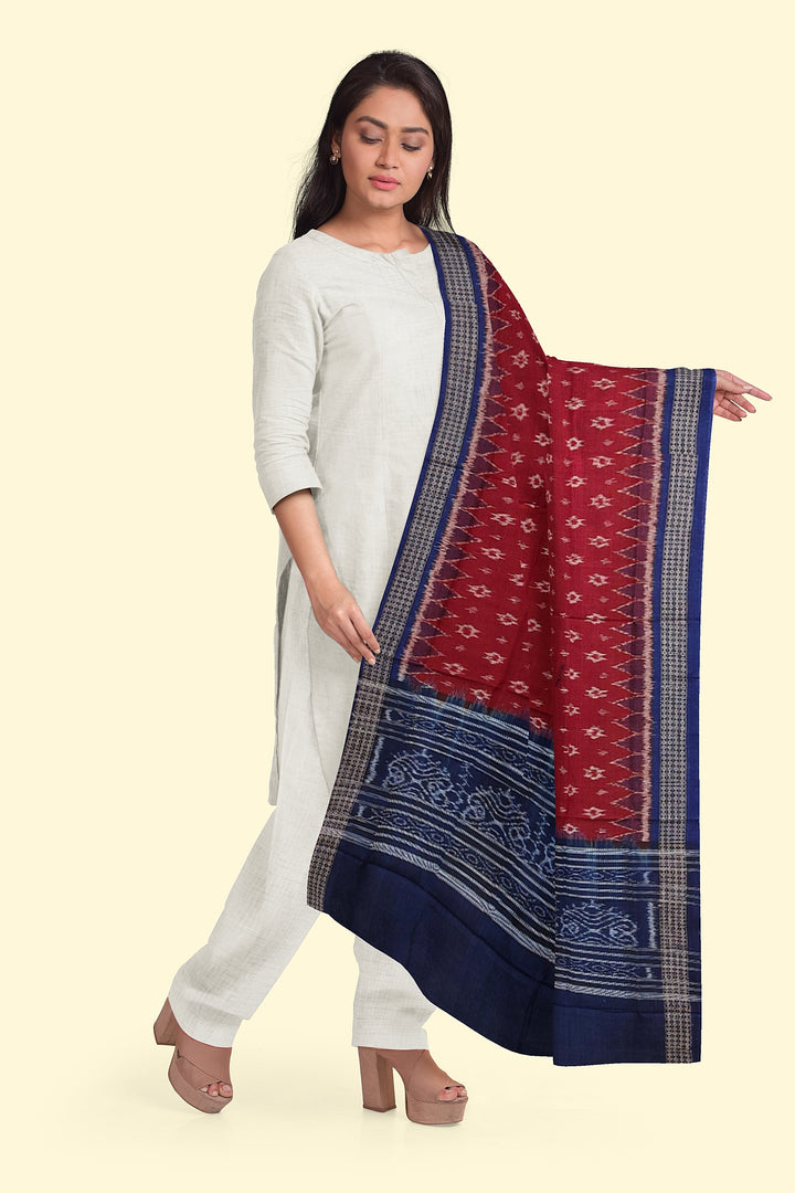 Maroon Blue Handloom Cotton Sambalpuri Dupatta