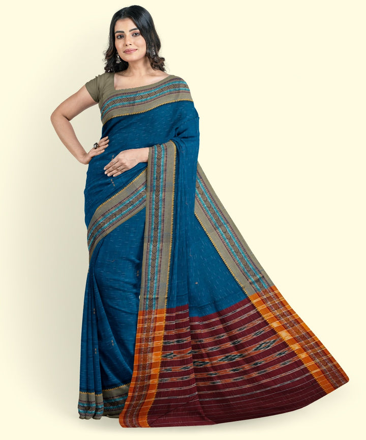 Cyan blue maroon cotton handwoven nuapatna saree