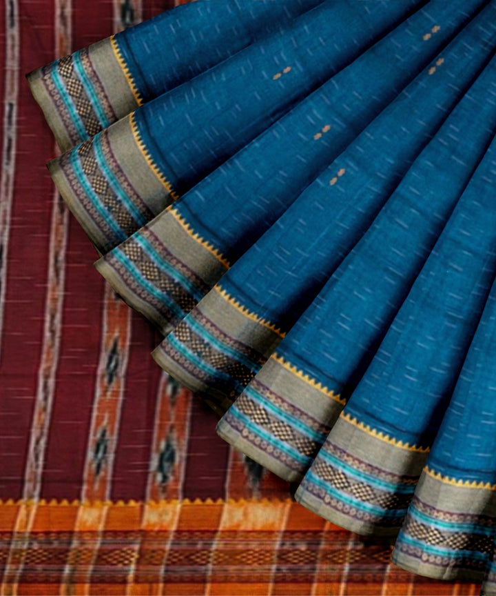 Cyan blue maroon cotton handwoven nuapatna saree