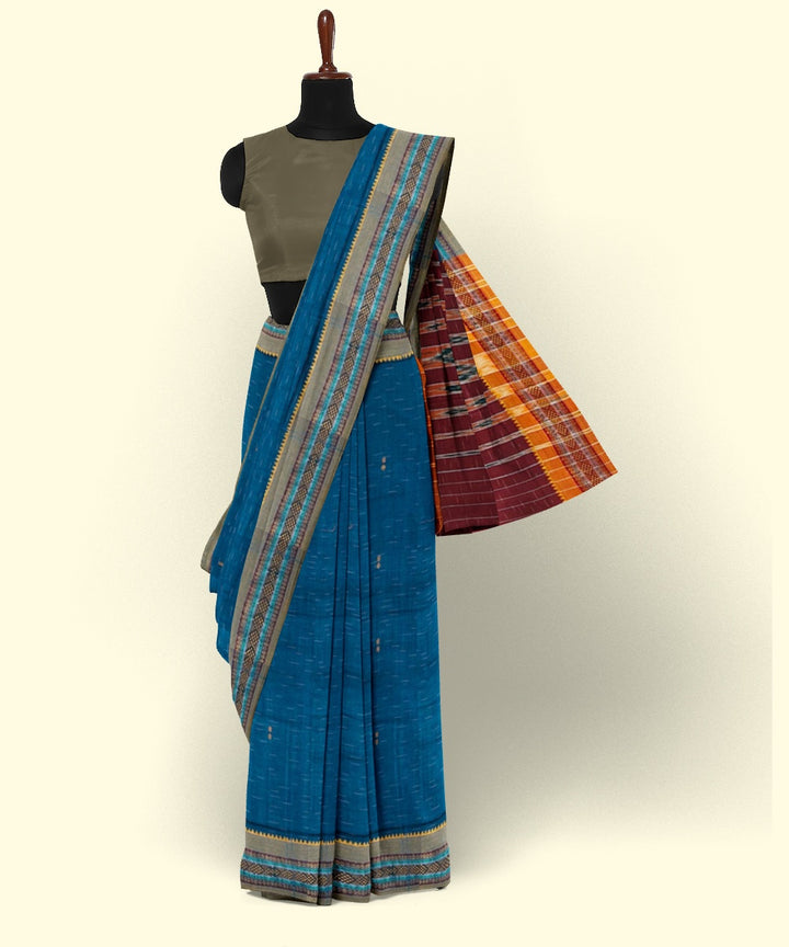 Cyan blue maroon cotton handwoven nuapatna saree