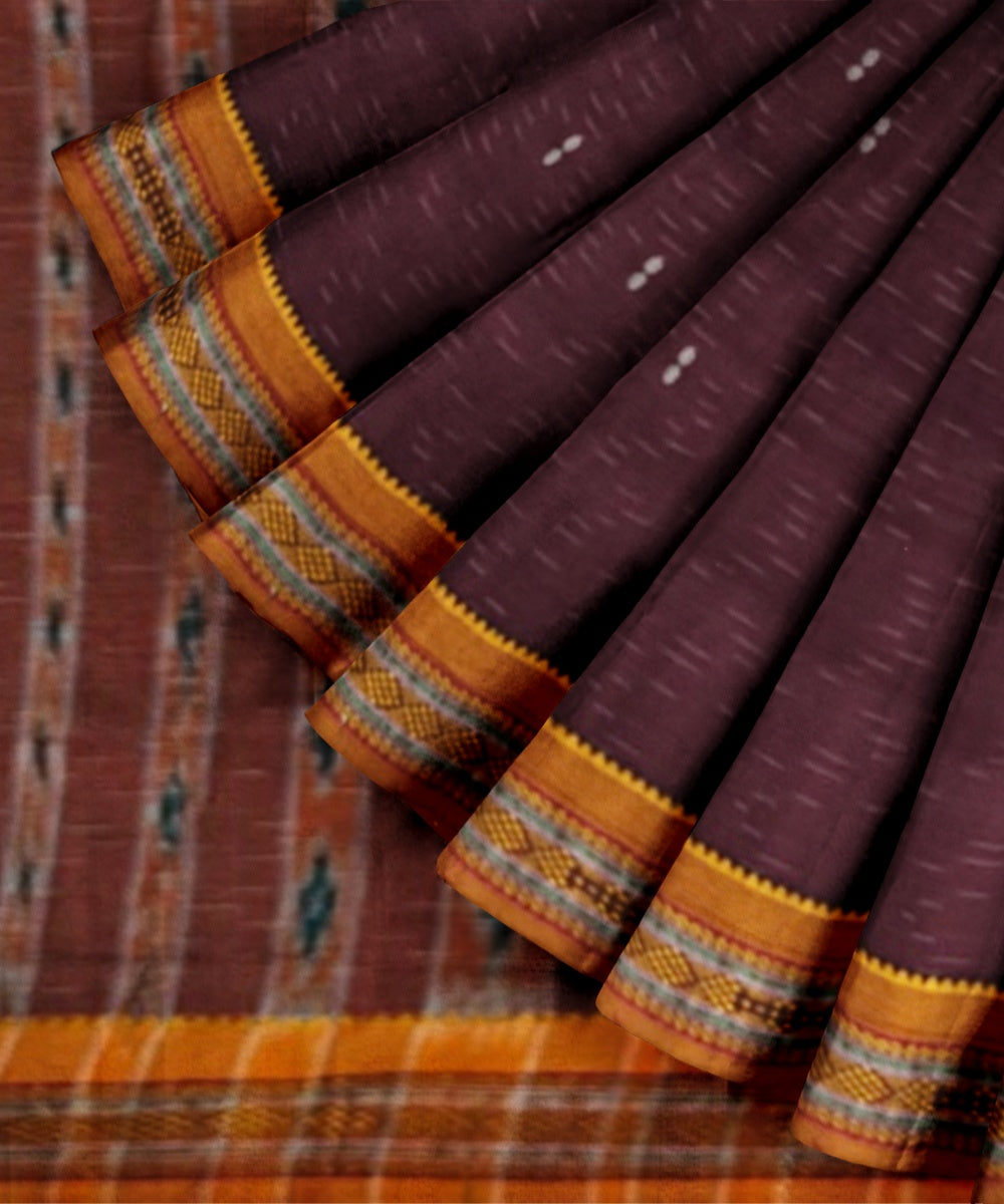 Maroon mustard cotton handwoven nuapatna saree