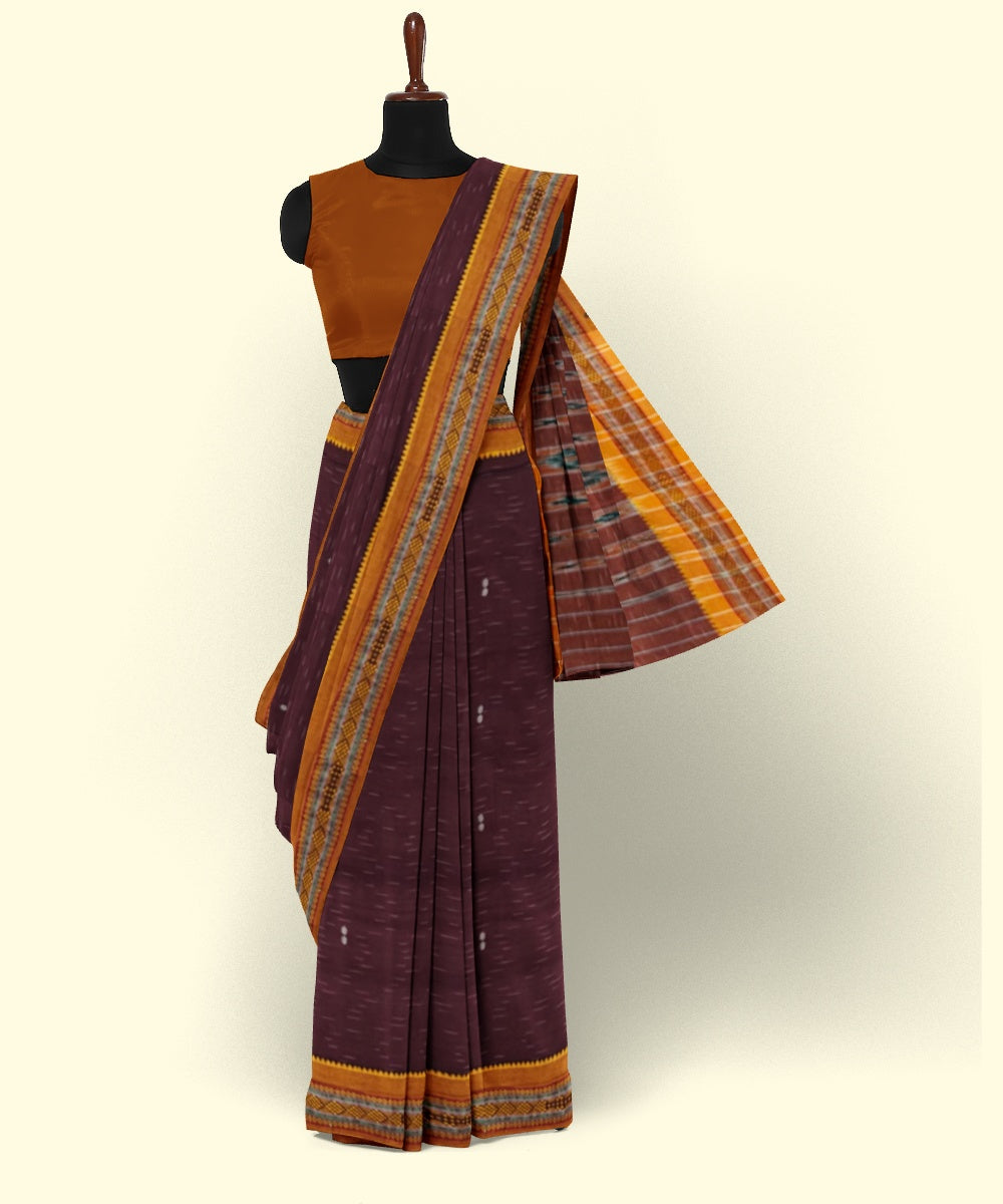 Maroon mustard cotton handwoven nuapatna saree