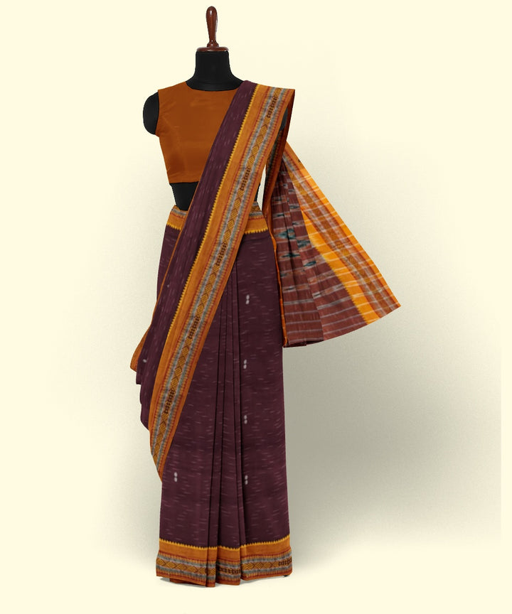 Maroon mustard cotton handwoven nuapatna saree