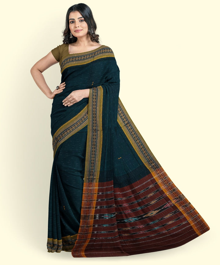 Dark green brown cotton handwoven nuapatna saree