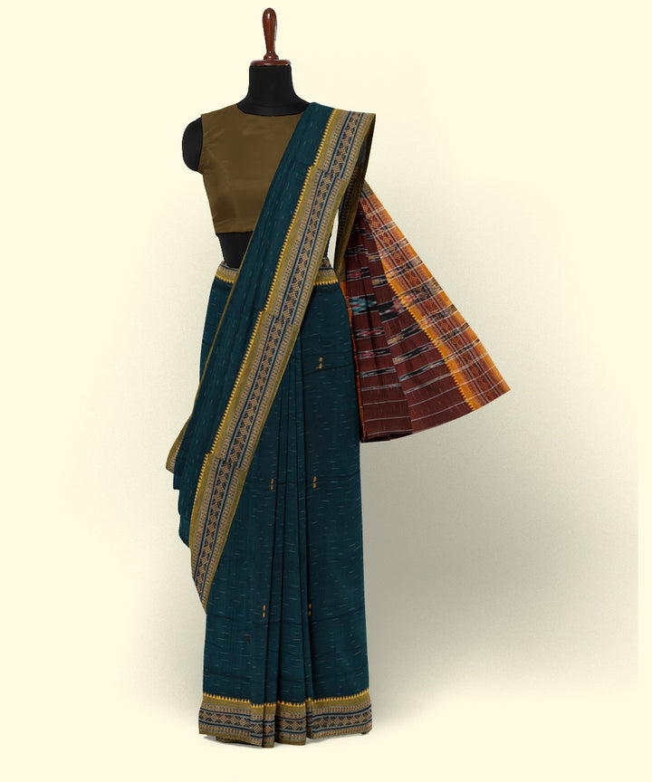 Dark green brown cotton handwoven nuapatna saree
