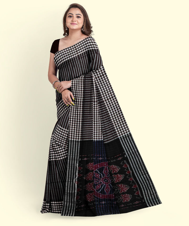 Maroon black cotton handwoven nuapatna saree