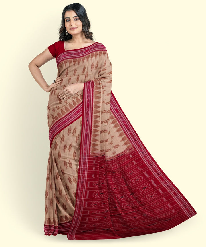 Beige red cotton nuapatna handwoven saree