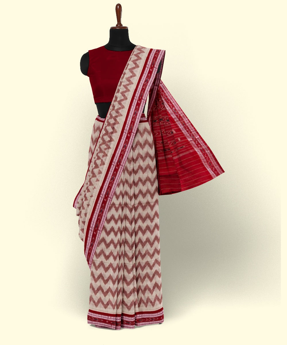 Beige red handwoven cotton nuapatna saree