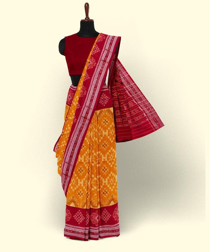 Yellow red cotton handwoven nuapatna saree