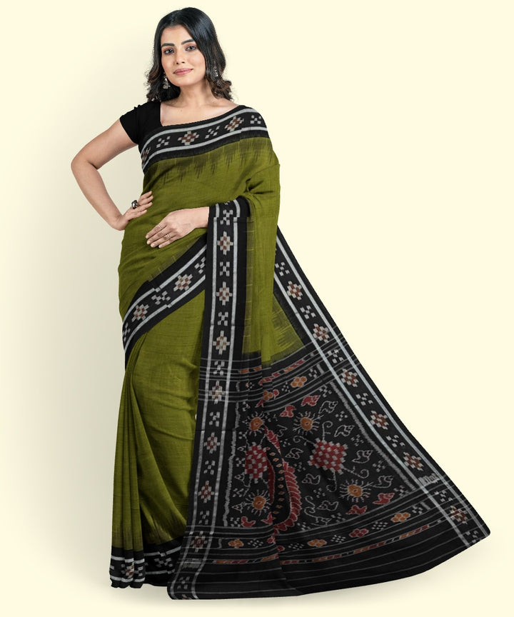 Olive green black cotton handwoven nuapatna saree