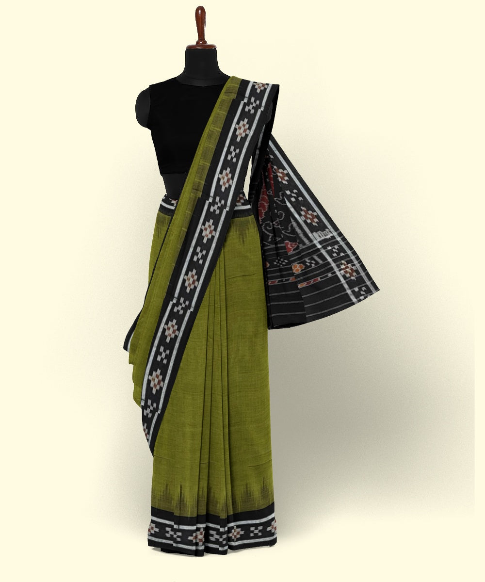 Olive green black cotton handwoven nuapatna saree