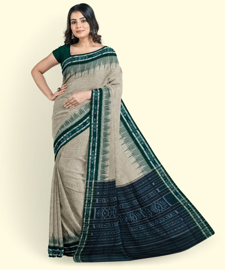 Off white green cotton handwoven nuapatna saree