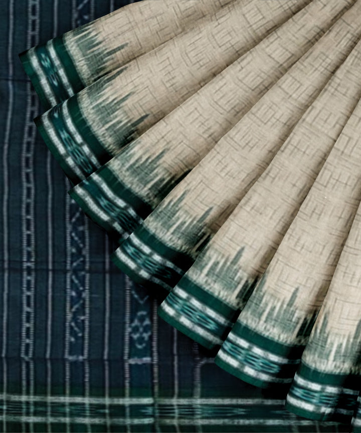 Off white green cotton handwoven nuapatna saree
