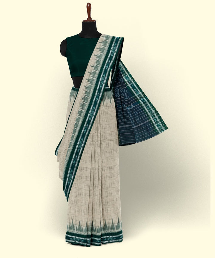 Off white green cotton handwoven nuapatna saree