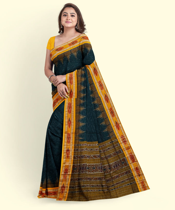 Dark green yellow cotton handwoven nuapatna saree