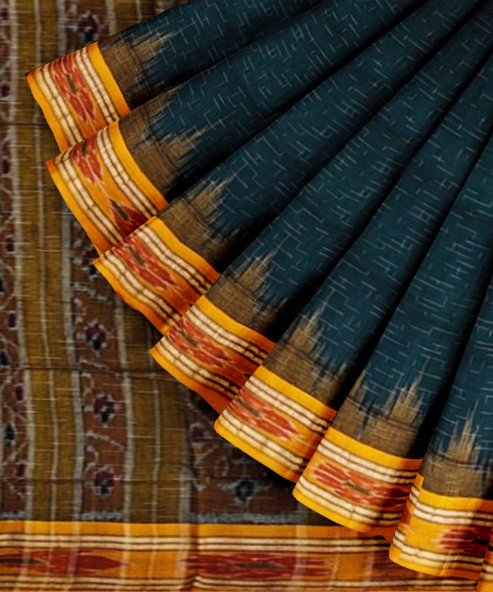 Dark green yellow cotton handwoven nuapatna saree