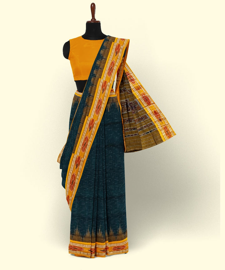Dark green yellow cotton handwoven nuapatna saree