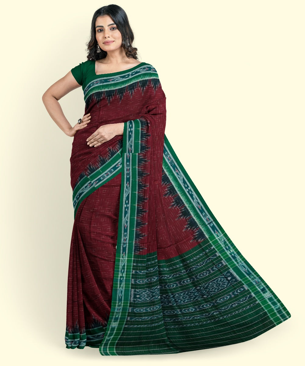 Maroon green cotton handwoven nuapatna saree
