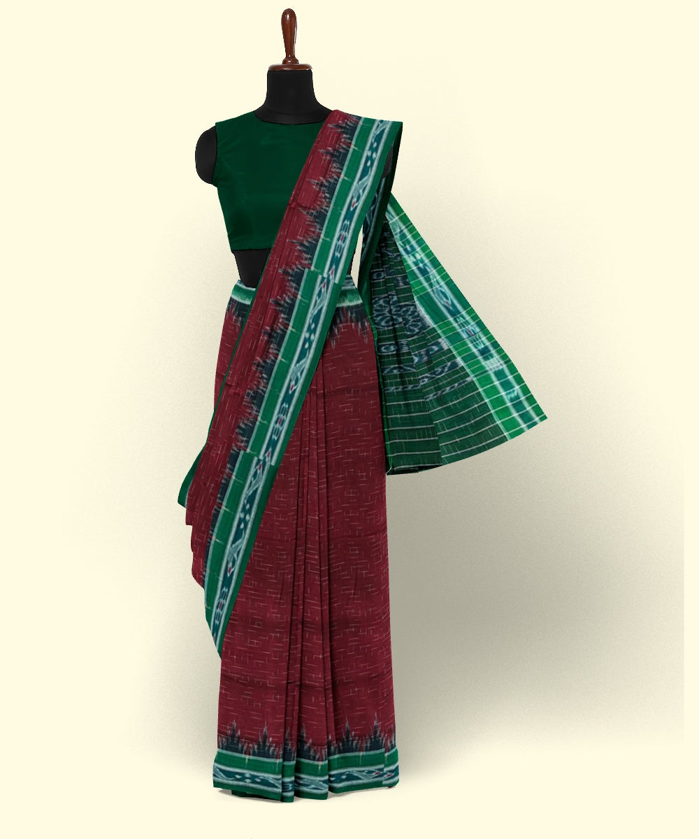 Maroon green cotton handwoven nuapatna saree