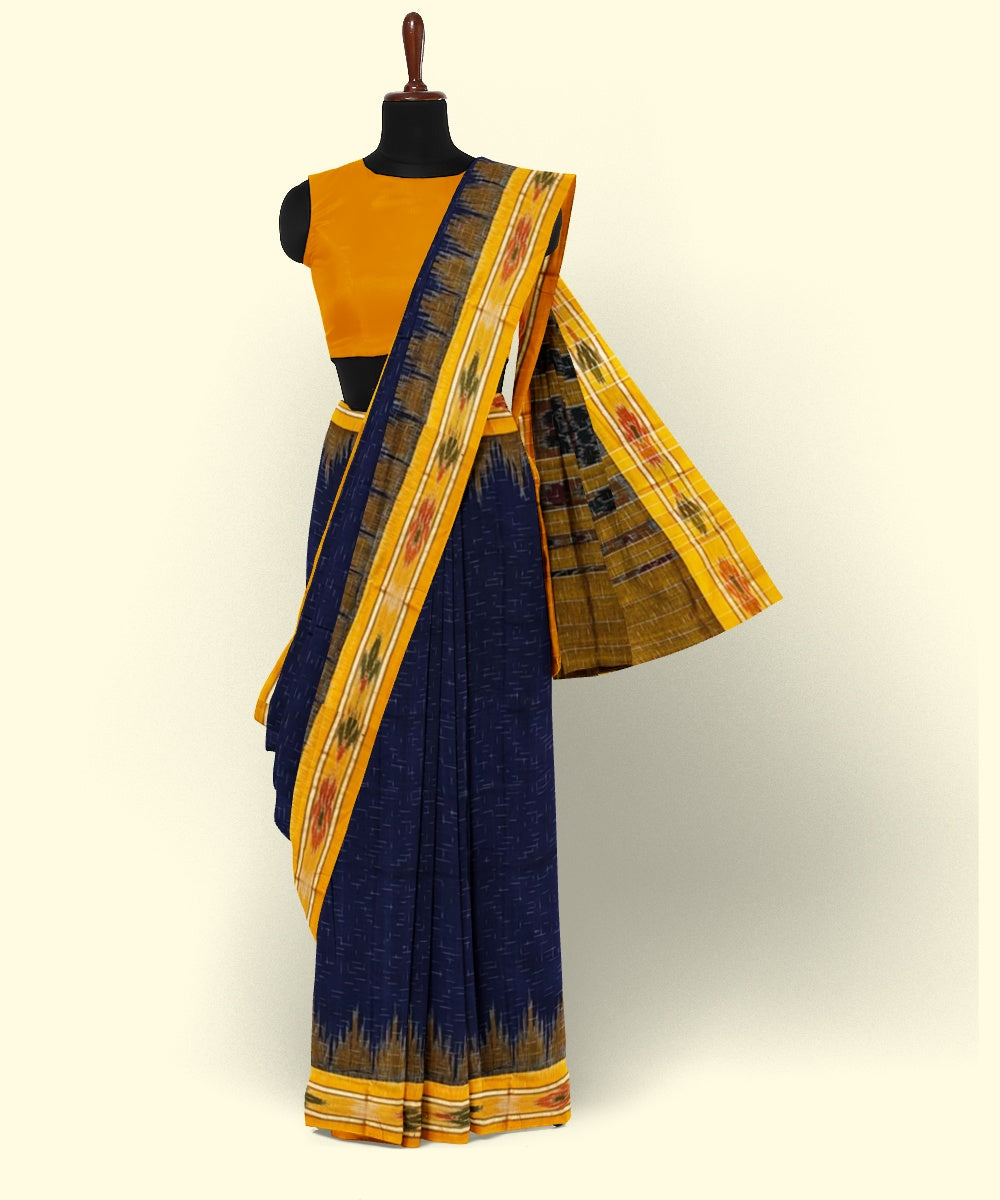 Navy blue yellow handwoven cotton nuapatna saree