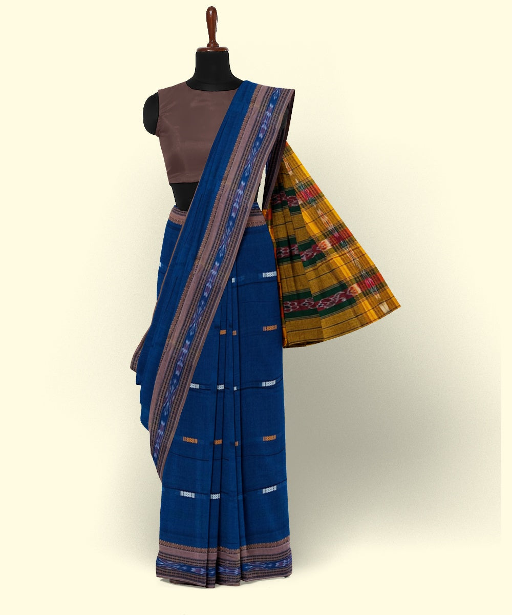 Navy blue yellow cotton handwoven nuapatna saree