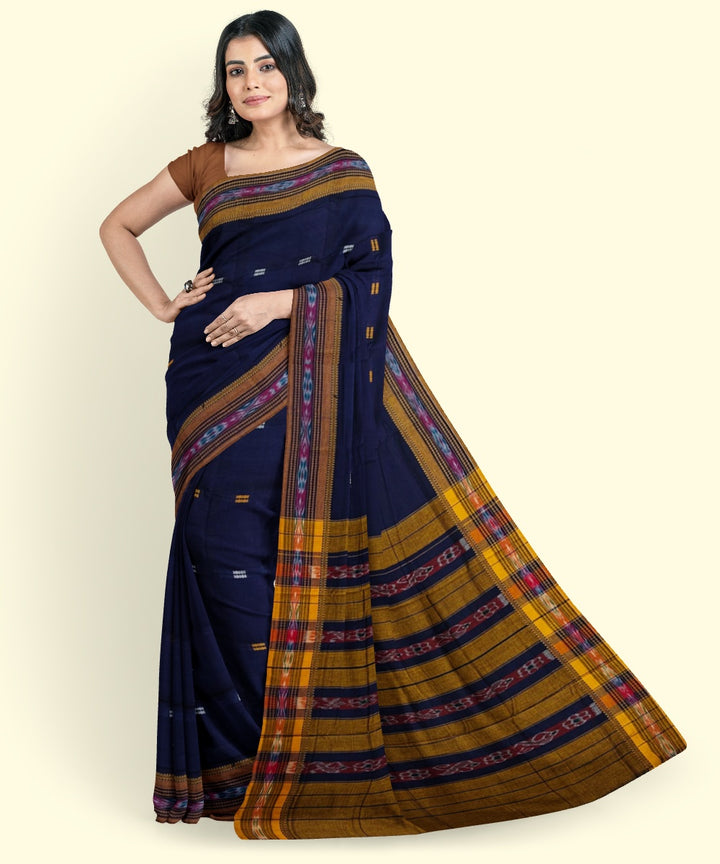 Navy blue yellow hand woven cotton nuapatna saree