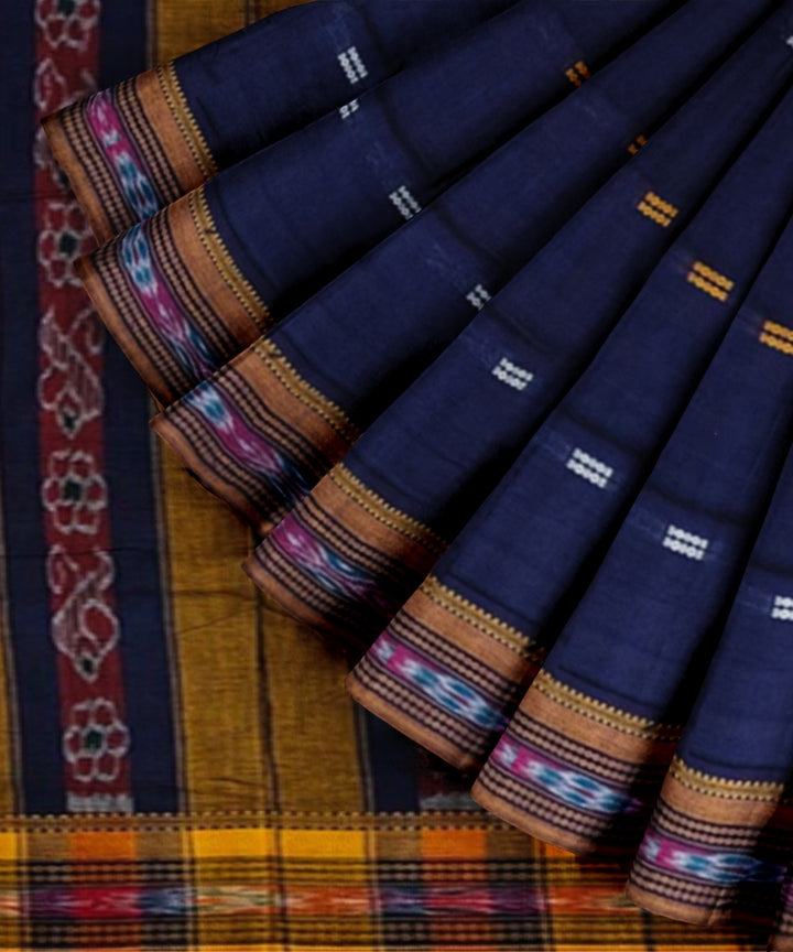 Navy blue yellow hand woven cotton nuapatna saree