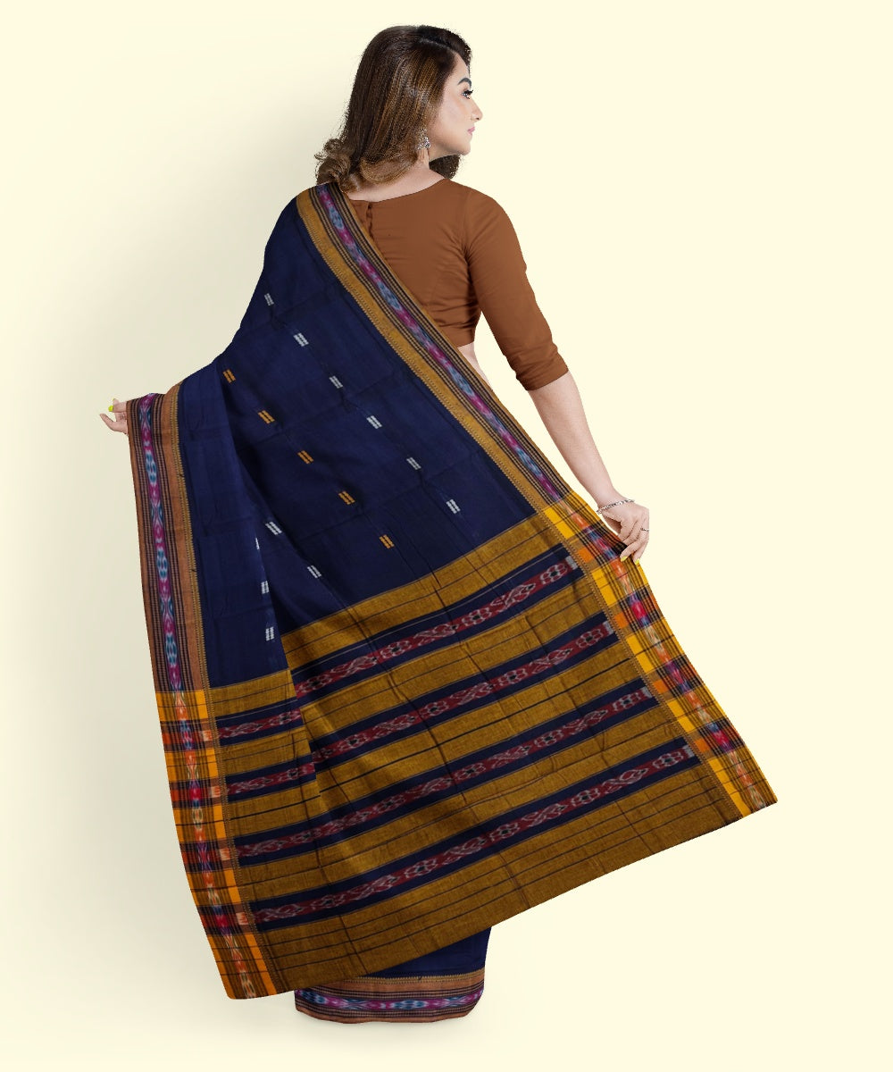 Navy blue yellow hand woven cotton nuapatna saree
