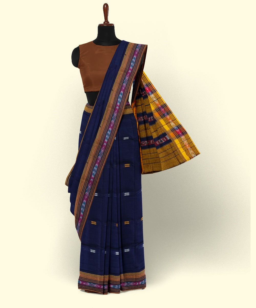 Navy blue yellow hand woven cotton nuapatna saree