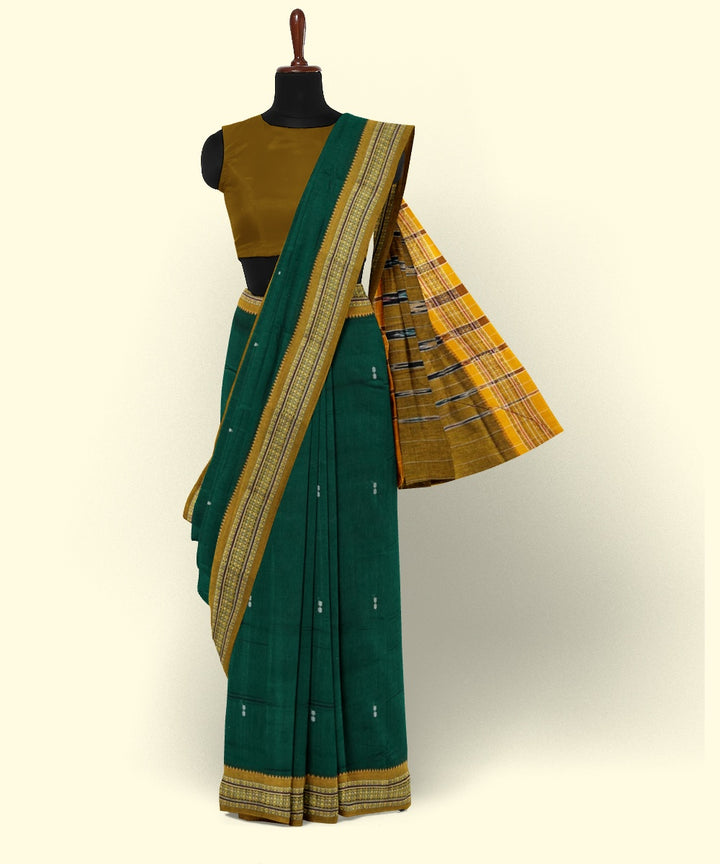 Dark green muatard cotton handwoven nuapatna saree